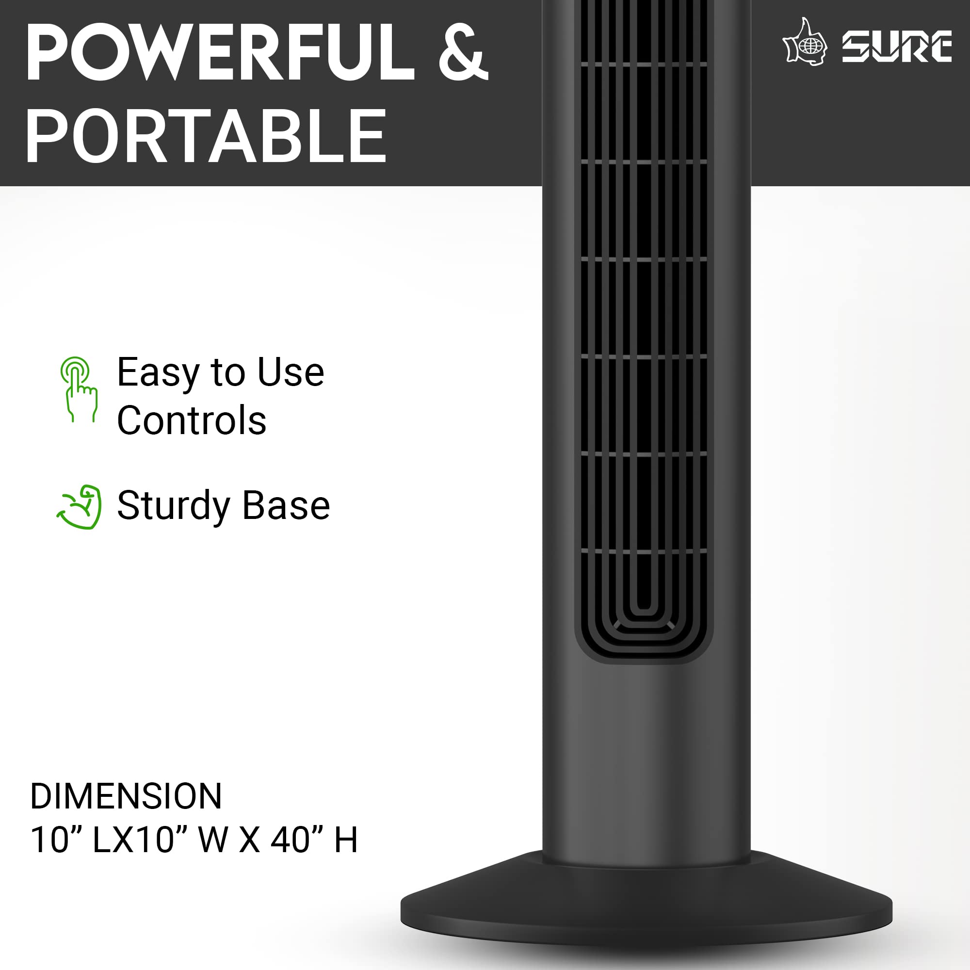 Sure Tower Fan with Remote Control, Bladeless Powerful with 3 Speeds, Timer Function, Standing Oscillating Fan for Home, Bedroom & Office, Black شور تعمل على كهرباء- مراوح ارضيه Sure Tower Fan with Remote Control, Bladeless Powerful with 3 Speeds, Timer Function, Standing Oscillating Fan for Home, Bedroom & Office, Black شور تعمل على كهرباء- مراوح ارضيه